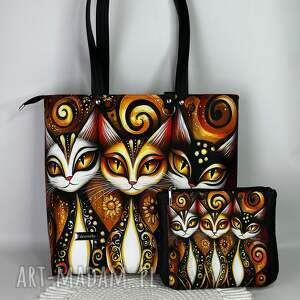 Torebka shopper A4 z kosmetyczką w koty - handmade
