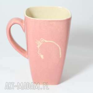 kubek różowy z głową kota stół, prezent, ceramika artystyczna