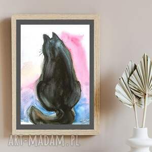 Prezent Czarny kot, kotek, akwarela, obraz