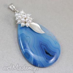 ręcznie zrobione wisiorki niebieski agat w perłach i srebrze - wisior