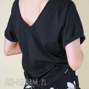 handmade bluzki czarny t-shirt z dekoltem na plecach, krótki rękawek wysoka jakość