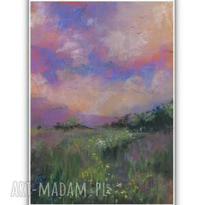 pejzaż rysunek sucha pastelą, natura łąka wolność ręcznie malowane