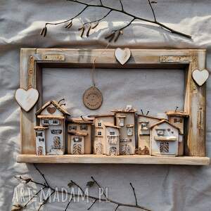 rustykalne okienko z miasteczkiem, rustykalny obraz do domu, prezent ślubny