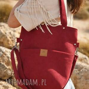 zamszowa duża torba z kieszeniami czerwona torebka na ramię, chianti
