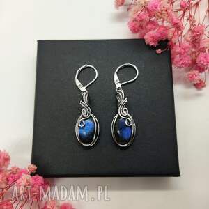 Kolczyki labradoryt stal chirurgiczna handmade wirewrapping, biżuteria z labradorytem, prezent dla niej