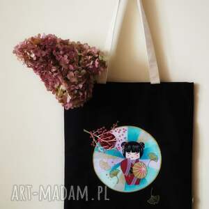 ręcznie malowana płócienna torba tote shopperka na zakupy kokeshi doll, prezent