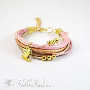 handmade bransoletka - różowo - beżowa rzemienie, kolor złoty