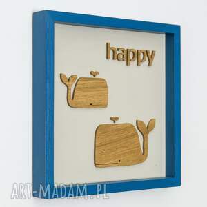 drewniany obraz, plakat 'wieloryby' 'happy'