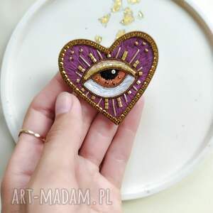 Aura accessories - fioletowa broszka oko, broszka z koralikami, fioletowa biżuteria, biżuteria oko