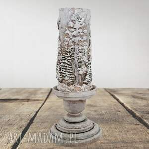 świecznik z zimowym lasem i sowami, prezent pod choinkę ozdoby świąteczne