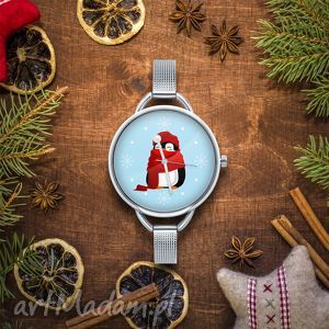 zegarek z grafiką świąteczny pingwin, boże narodzenie, prezent, pod, choinkę