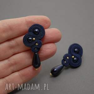 granatowe kolczyki sutasz, sznurek, wieczorowe, wyjściowe eleganckie, wiszące