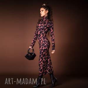 Panterkowa sukienka z golfem, efektowna, elegancka, oryginalna