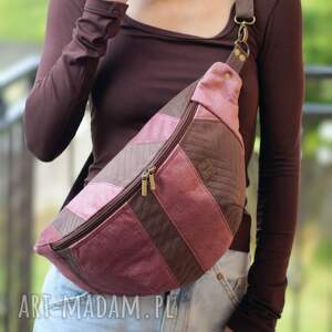 brązowo - różowa patchworkowa nerka xxl, mini plecak nerkoplecak pluszowa saszetka
