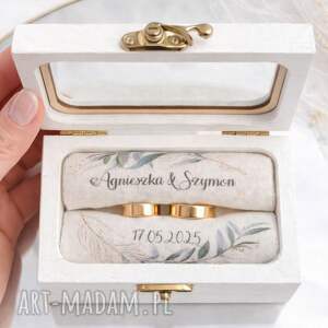 pudełko na obrączki z personalizacją - wieniec roślinny, białe drewno dębowe 128