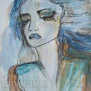 Odpłynąć w myślach - oryginalna grafika kobiety A4 mixed media