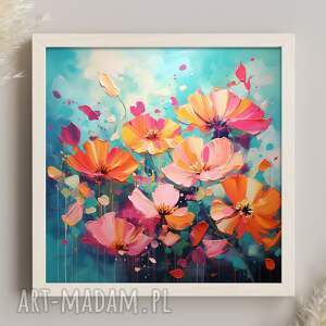 turkusowy obraz z kwiatami - plakat kolorowe kwiaty - asbtrakcja florsytyczna 50x50 cm