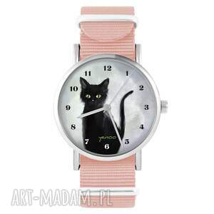 zegarki zegarek - czarny kot, cyfry brzoskwiniowy róż, nylonowy pasek