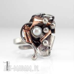 copper rose srebrny pierścionek z miedzią i perłą