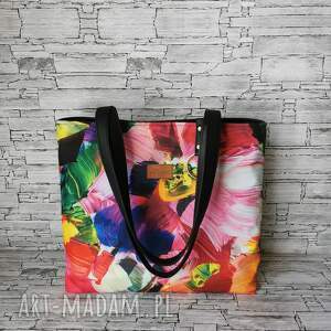 torebka - malowane kwiaty, shopper kolory kolorowa torba do pracy pakowna