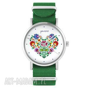 handmade zegarki zegarek - folkowe serce zielony, nylonowy