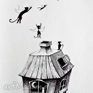 rysunek piórkiem kocie marzenia artystki plastyka adriany laube koty, księżyc