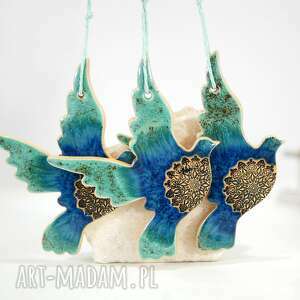 3 ceramiczne ptaszki - boho, ozdoby choinkowe, świąteczne turkusowe