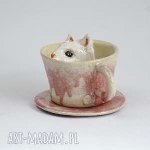ceramiczna filiżanka kubek z kotem - różowa prezent babci, mamy