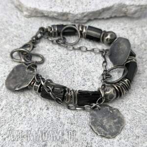 bransoleta z czarnymi turmalinami, srebro oksydowane, styl boho, biżutreria
