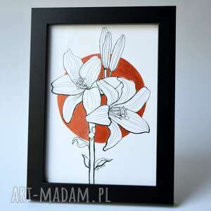 minimalistyczna grafika kwiatowa lilia w czarnej ramie ręcznie rysowana, motyw
