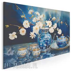 obraz na płótnie - wazon z kwiatami indygo 120x80 cm 102201