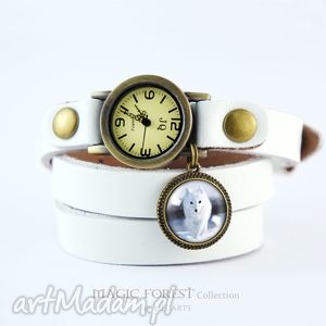 handmade bransoletka, zegarek - biały lis biały, skórzany
