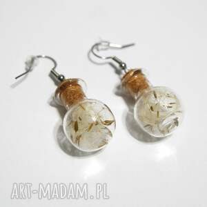 kolczyki fiolki - dmuchawiec, okrągłe, szklana fiolka niej mamy