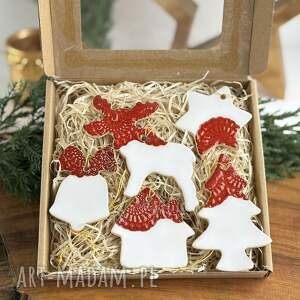 świąteczne ozdoby choinkowe, zestaw zawieszek ceramicznych - 5 el, zawieszki