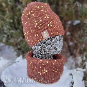 Komplet zimowy czakoladowy - na drutach, czapka