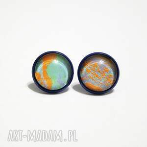 kolczyki - niebieskie, pomarańczowe granatowe, sztyfty, szklane, stal