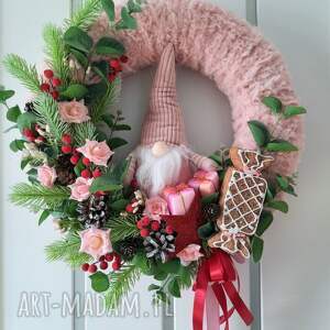 handmade prezent wianek świąteczny różowy skrzat