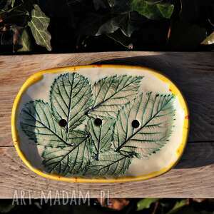 ręcznie robione ceramika mydelniczka ceramiczna liście malin, zielona