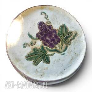 Zestaw 3 talerzy deserowych Winorośl - krem i fiolet, ręczna ceramika