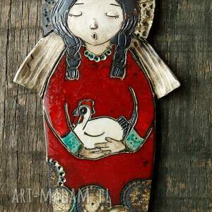 anioł ceramiczny z kurą, aniołek wiszący, kura dekoracja, ceramika