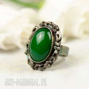 pierścień srebrny z zielonym agatem a785