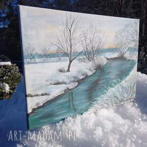 obraz ręcznie malowany akrylowy pod białą pierzyną - 30x40cm śnieg w parku