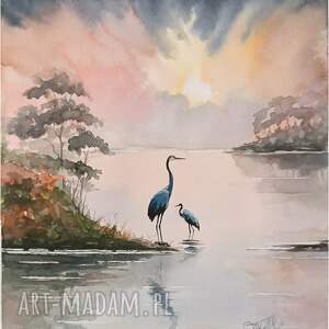 żurawie o poranku, akwarela 24x32 cm pejzaż zwierzęta ptaki