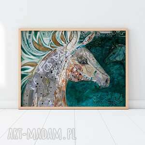 plakat 50x70 cm - koń w zieleni szmaragdowej, wydruk, zielony, obraz