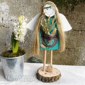 dekoracje turkusowy anioł stojący z drewna no 6 na prezent, boho, ręcznie