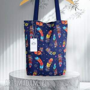 handmade torba na zakupy shopperka 100% bawełna pióra