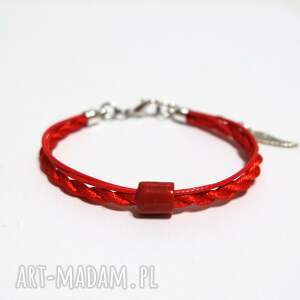 handmade bransoletka - czerwony sznureczek, ceramiczny koralik