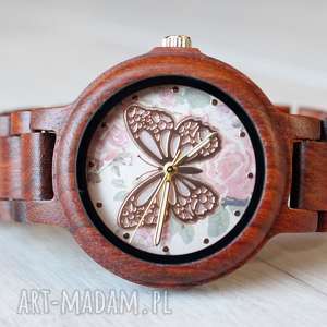 damski drewniany zegarek seria full wood z motylem kobiecy, delikatny