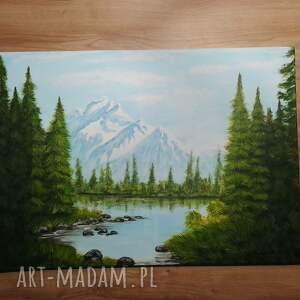 Prezent RĘCZNIE MALOWANY OBRAZ - PEJZAŻ ZA GÓRAMI, ZA LASAMI