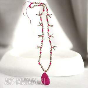 unikatowy naszyjnik supełkowany agat i jaspis dalmatyński fuksja